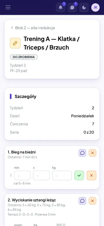 Trening Jana z bieżącego tygodnia na telefonie: cel każdej serii i wynik z poprzedniego razu, przed wpisaniem wyników.