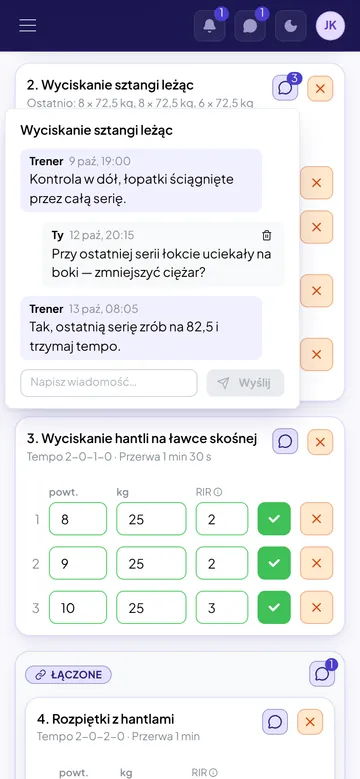 Wątek pod wyciskaniem na telefonie Jana: wskazówka trenerki, pytanie Jana i jej odpowiedź.